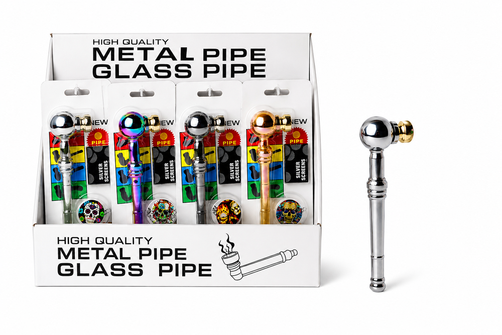 Metallic Long 10cm Glass Pipe With Screen Assorted Colours - SS-0743