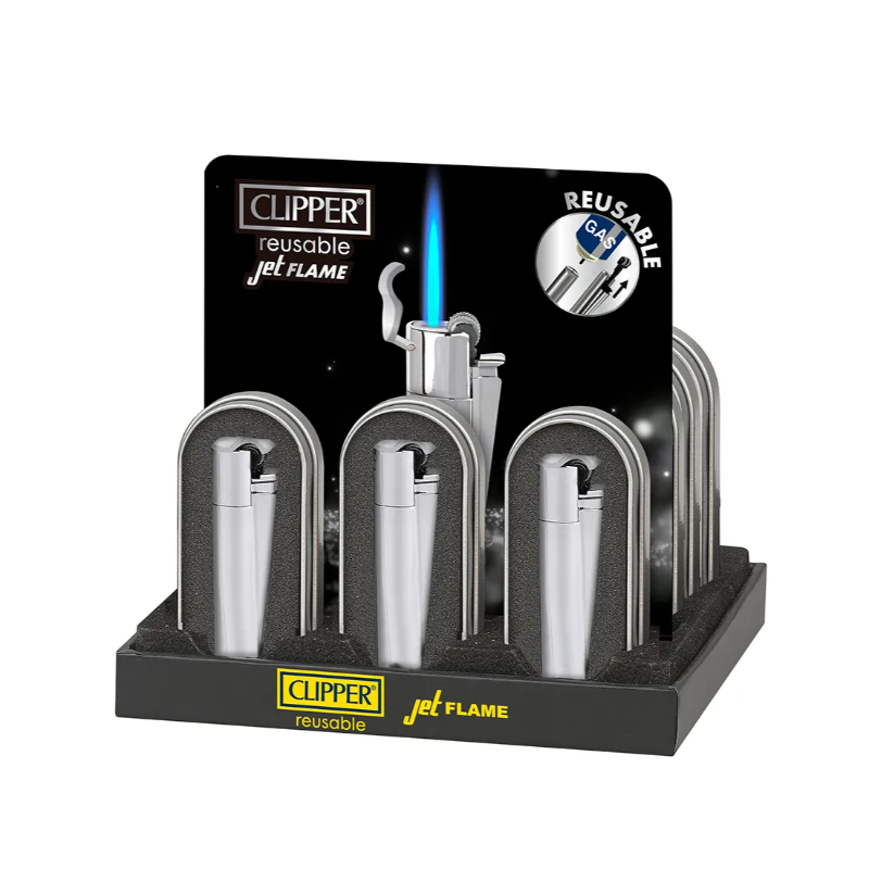 New Clipper Metal Jet Flame Lighter & Case – Silver x 12 CMPJ15000UK