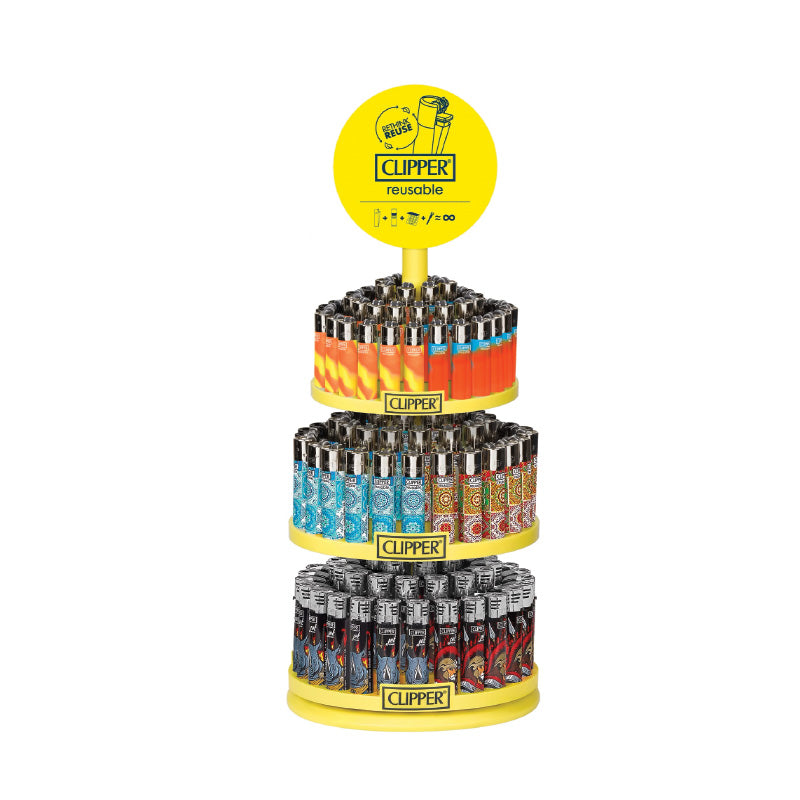 Exclusive Clipper Mixed 3-Tier Lighter Display Carousel – 66 Assorted Lighters - Mini , Jet Flame and Printed