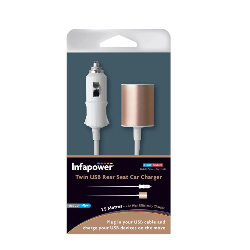 Twin USB Fast Rear Seat Car Charger For Mobile Phones,Tablets,Gadgets 1.5M wire
