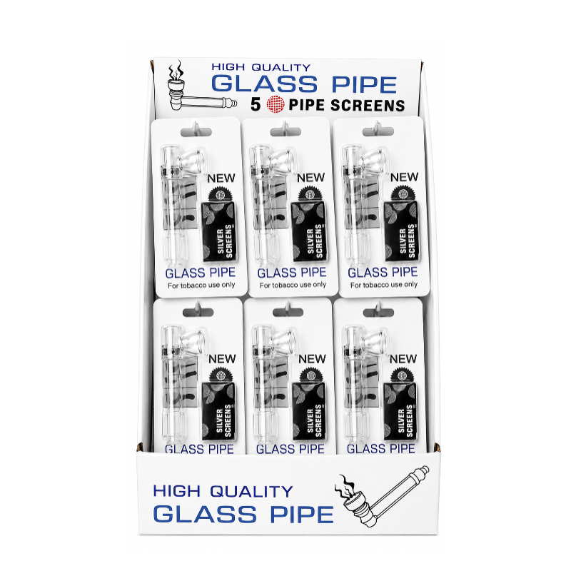 Clear Glass Pipe & Silver Screen x 24 pack