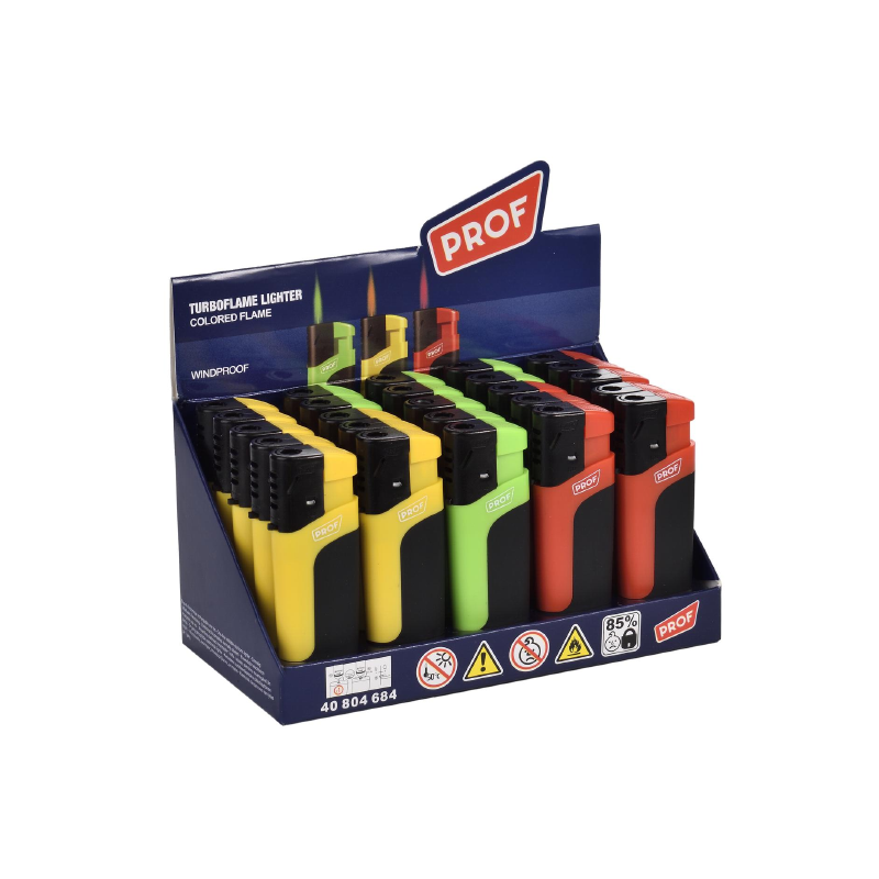 PROF Lighter Windproof Turbo "Colored Flame" 5 assorted designs, 25-piece display