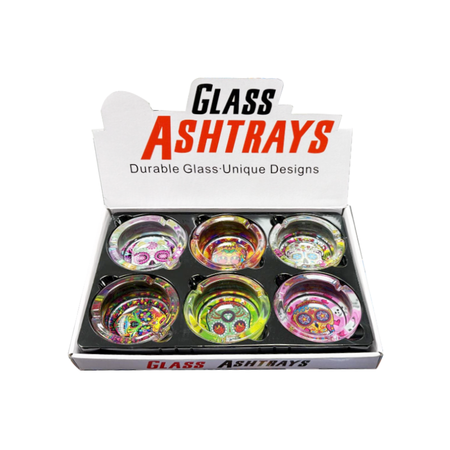 Glass Ashtrays Colorful Skull Designs x 6