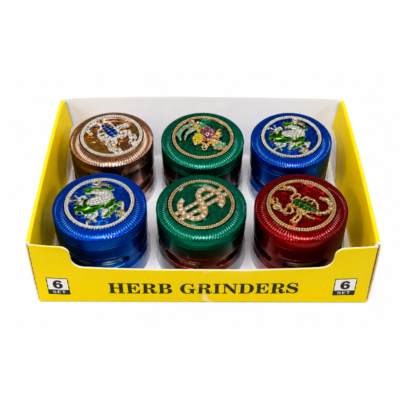 Assorted Crystal 63mm Metal Herb Grinders – Random Designs & Colours | 6 Piece Display Pack