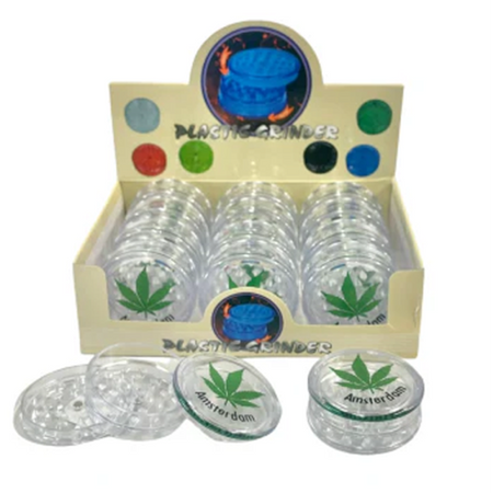 3 Part Tier Plastic Grinder Clear Leaf in Display x 12