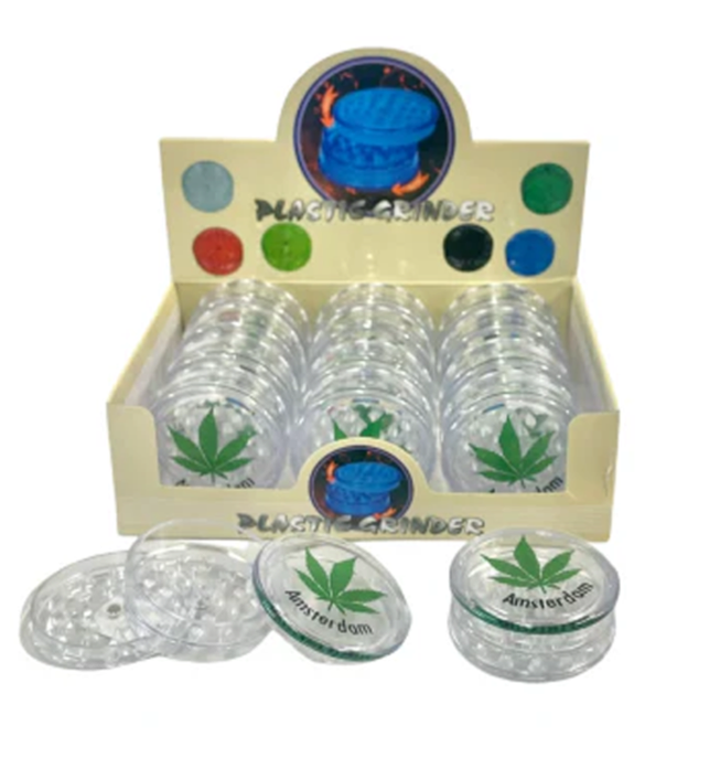 3 Part Tier Plastic Grinder Clear Leaf in Display x 12