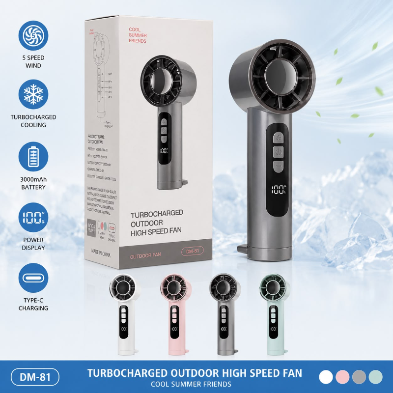 DM-81 Turbocharged Outdoor High Speed Fan | 5-Speed Portable Rechargeable Handheld Cooling Fan with Digital Display & Type-C Charging (3000mAh)