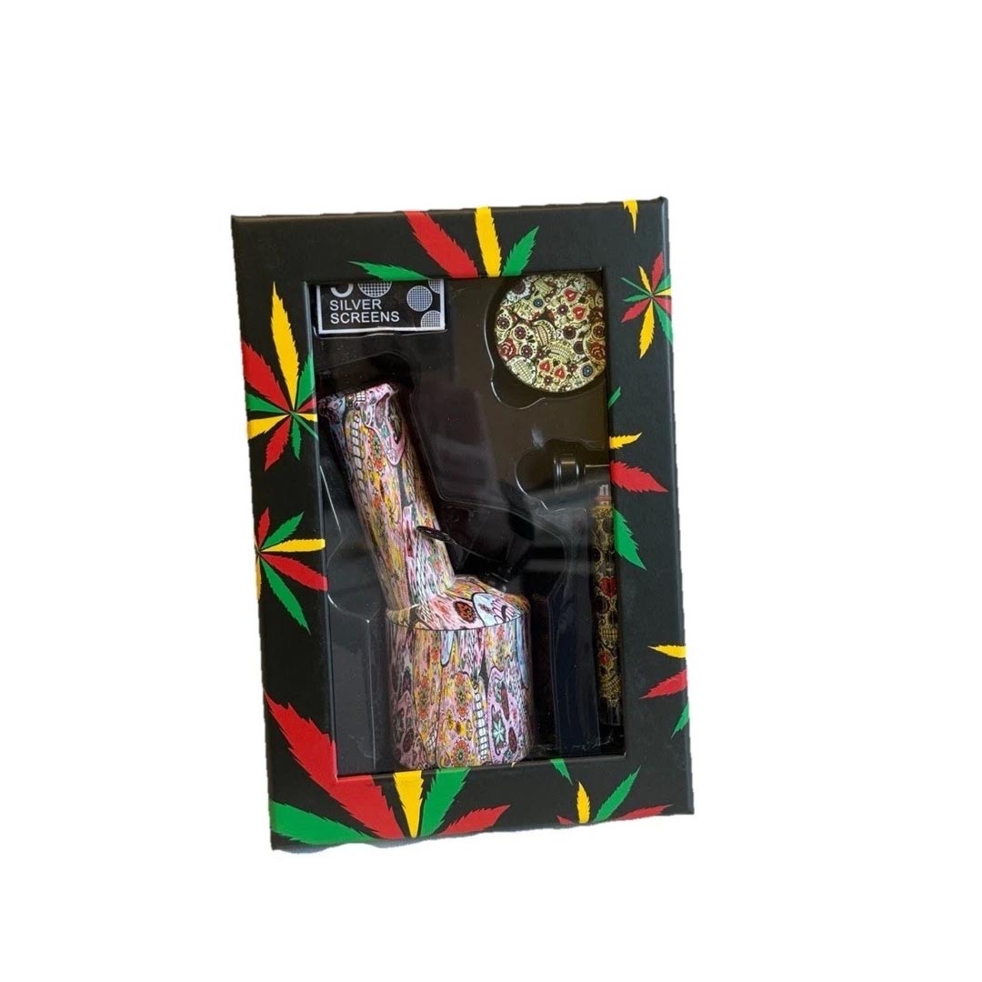 D&K Smoking box 6" Glass Bong, Glass Pipe, Metal Grinder gift set assorted colour