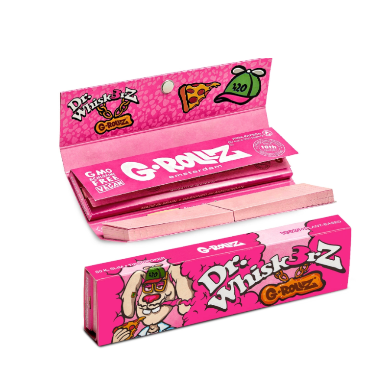 G-Rollz | 'Dr. Whiskerz' Lightly Dyed Pink - 50 KS Slim Papers + Tips (20 Booklets Display)