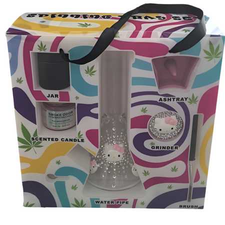 Spinning Rolling Tray + Glass Kitty Bong Set with Candle, Grinder & Accessories - Pink