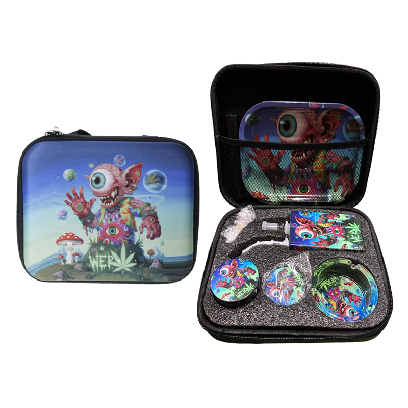 Zipper Set Smoking Multi-eyed Monster with Ashtray, Grinder, Tray, Bong and Containers Gift Set SS-0010