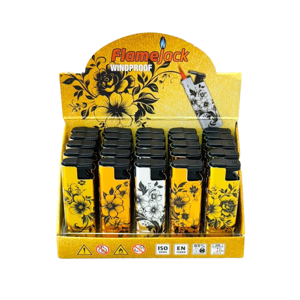 Flamejack Metal Windproof Case Blue Flame Lighter Flower Design 25pck