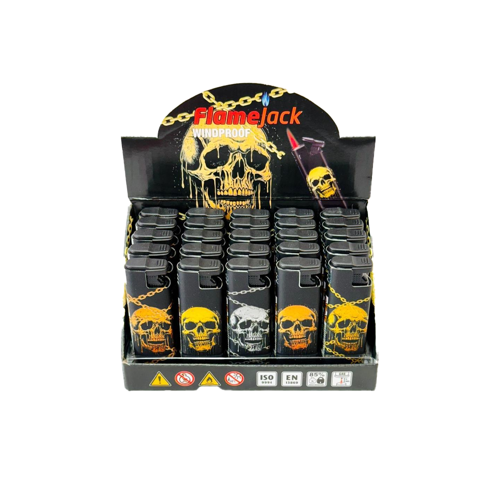 Flamejack Metal Windproof Case Blue Flame Lighter Skull Design 25pck