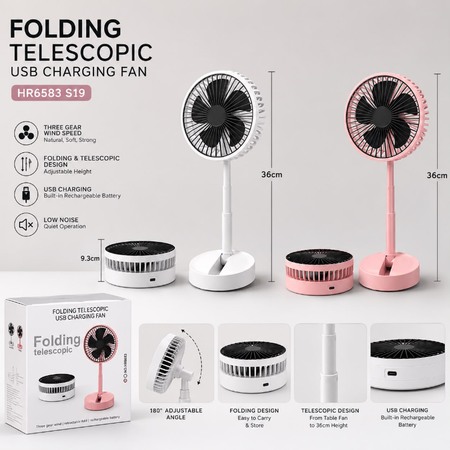 3-Speed Folding Telescopic USB Rechargeable Fan – Portable Adjustable Desk Fan | HR6583 S19