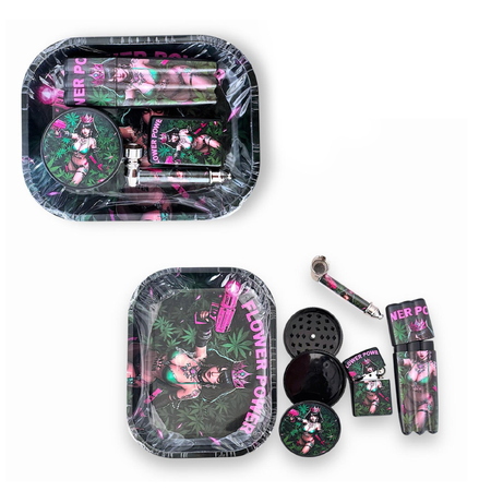 Flower Power Metal Tray Set Oil Lighter + Small Metal Pipe + Plastic grinder + 3pc Joint Holder GS3069