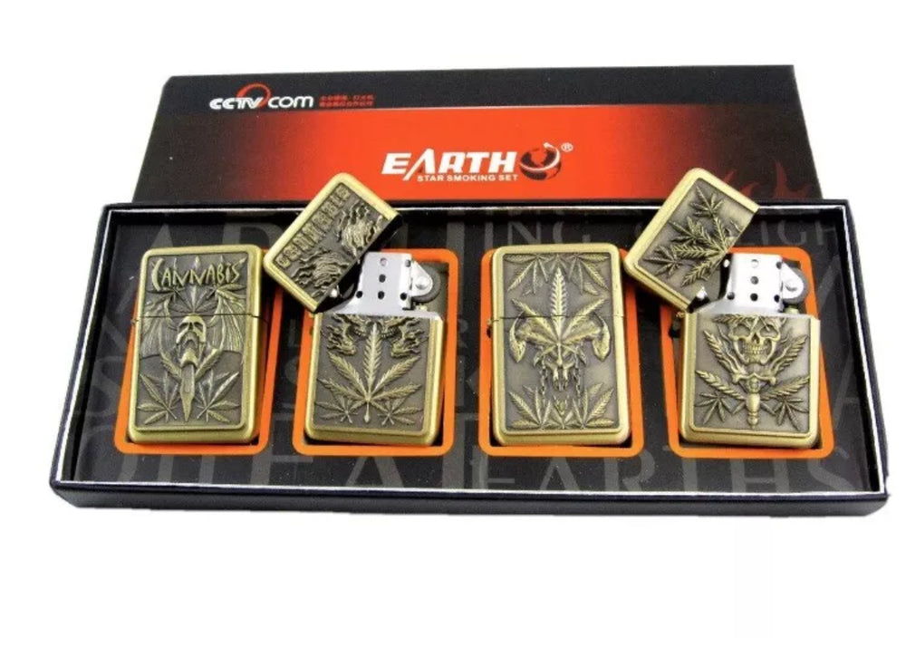 Petrol Lighter in Display Brass Assorted Design 4pck RANDOM