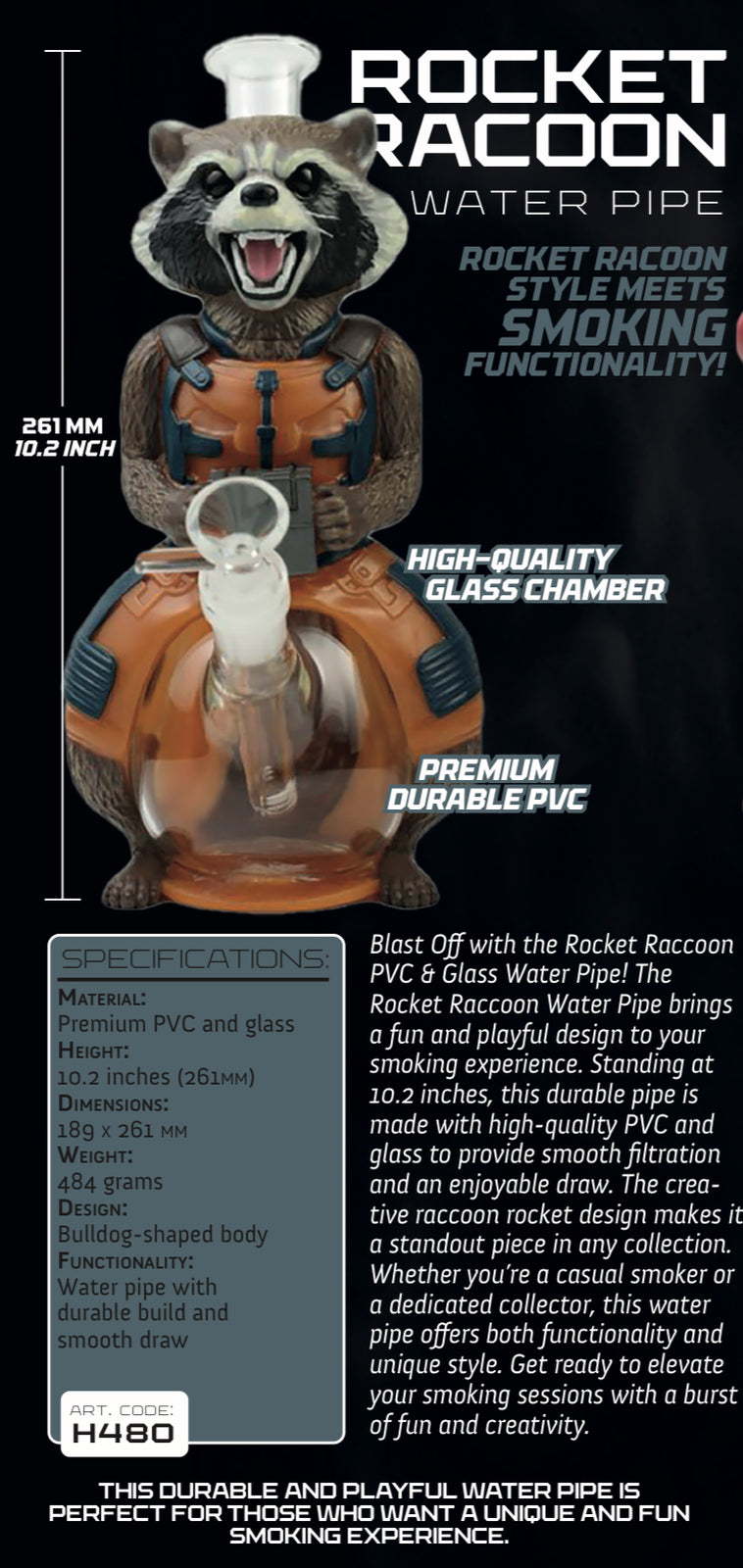 Rocket Racoon PVC Glass Water Pipe Bong 10.2 inches