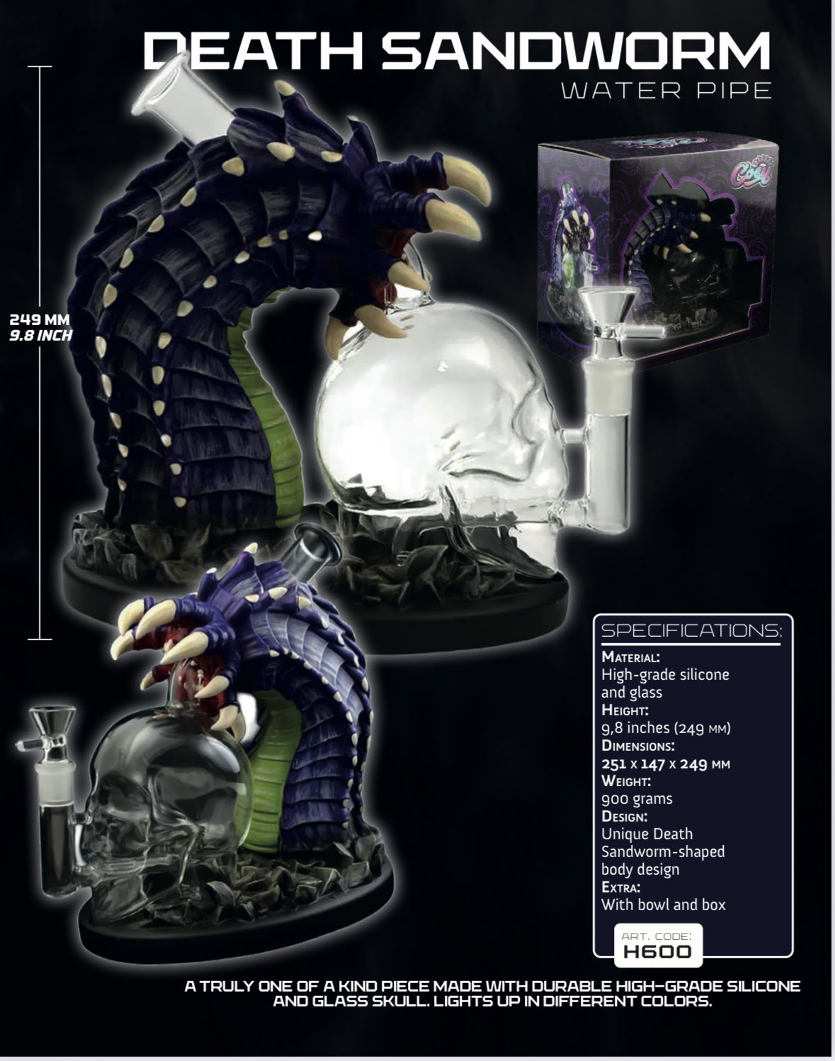 Death Sandworm PVC Glass Water Pipe With LED Lights Bong 9.8 Inches