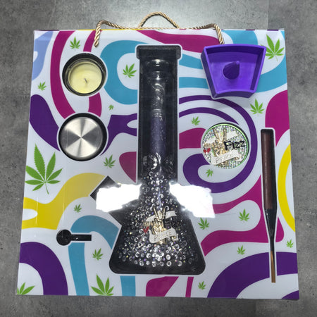 Spinning Rolling Tray + Glass Bong Set with Candle, Grinder & Accessories - Blue