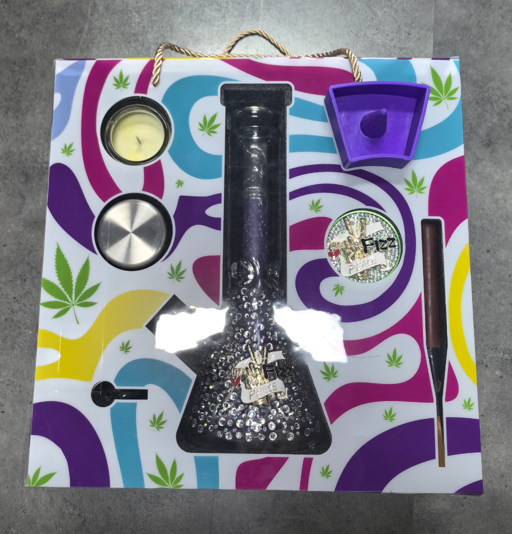 Spinning Rolling Tray + Glass Bong Set with Candle, Grinder & Accessories - Purple
