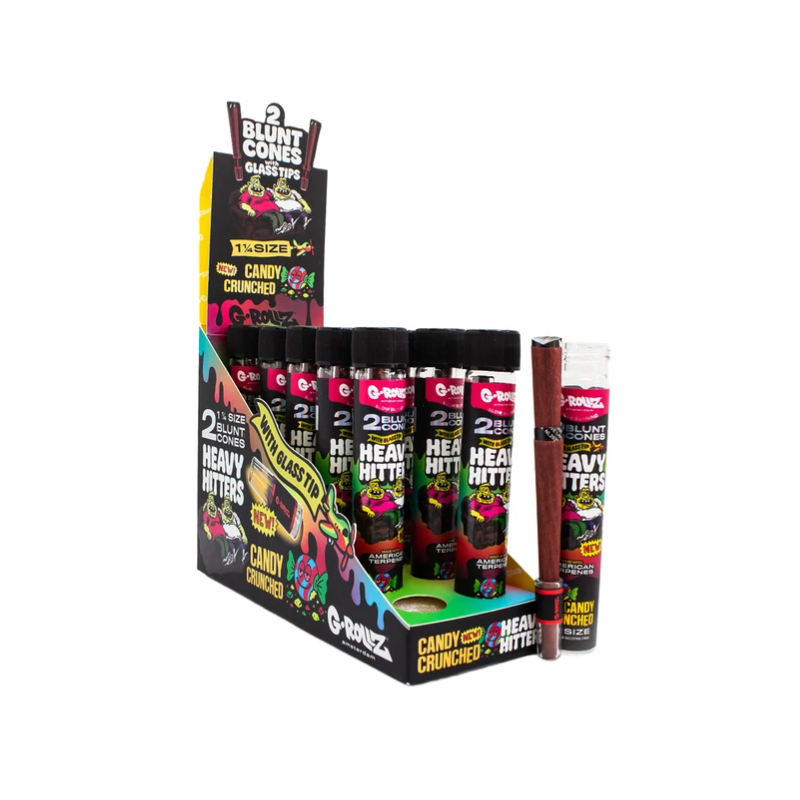 G-ROLLZ - Heavy Hitters - Terpene Blunt Cones with Glass Tip - 12 Glass Tubes Per Box - 2 Cones Per Tube - Candy Crunched - 1 ¼