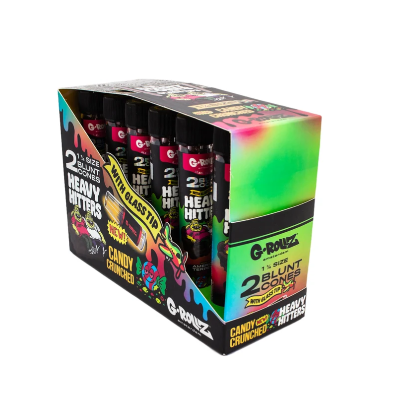 G-ROLLZ - Heavy Hitters - Terpene Blunt Cones with Glass Tip - 12 Glass Tubes Per Box - 2 Cones Per Tube - Candy Crunched - 1 ¼