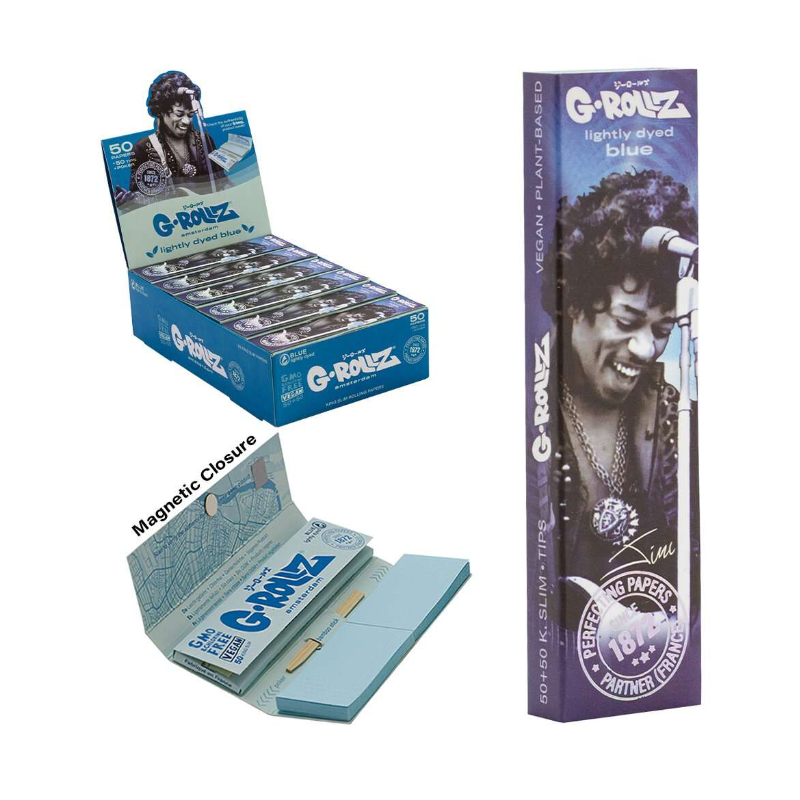 G-Rollz | 'Blue Spark' Unbleached - 50 KS Slim Papers + Tips (24 Booklets Display)
