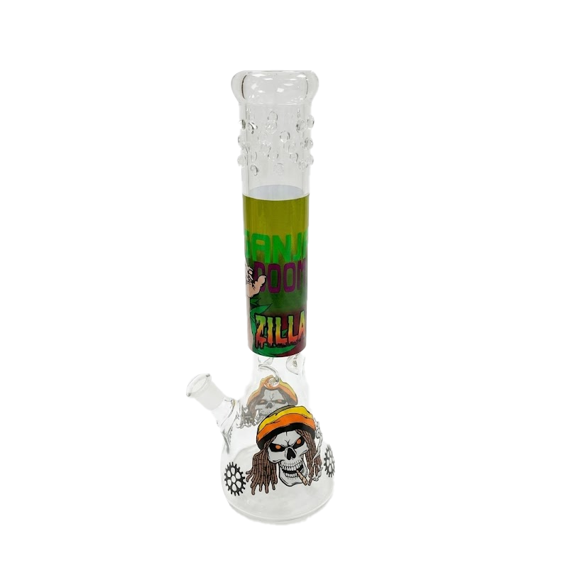 Large Ganja Doom Zilla Glass Beaker Bong - Rasta Skull Edition