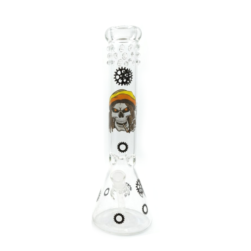 Skull Graphic Glass Beaker Bong – Clear Designer Gear Print