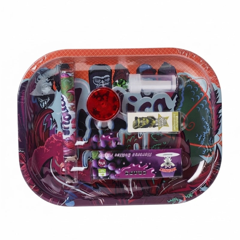 Gorilla Smoking Tray Set with Grinder, Rolling Papers, Glass Tube & Glass Tips SS-2515