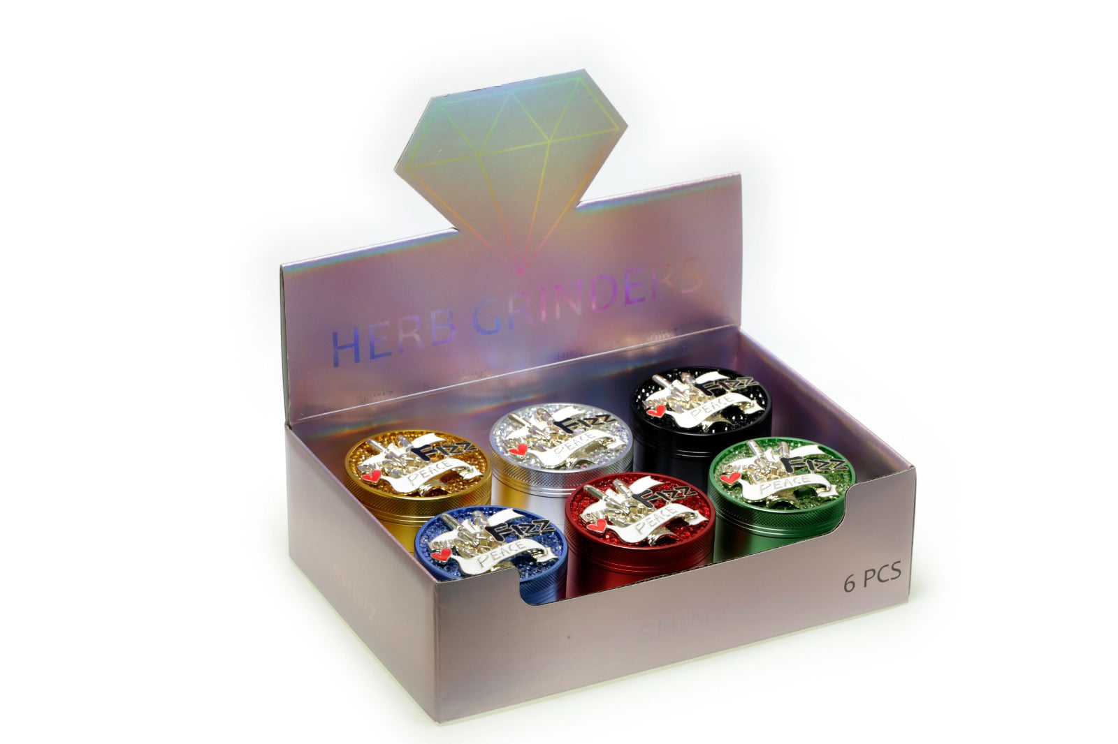 D&K Herb Metal Crystal Grinder Love Peace 63mm 6 Pack