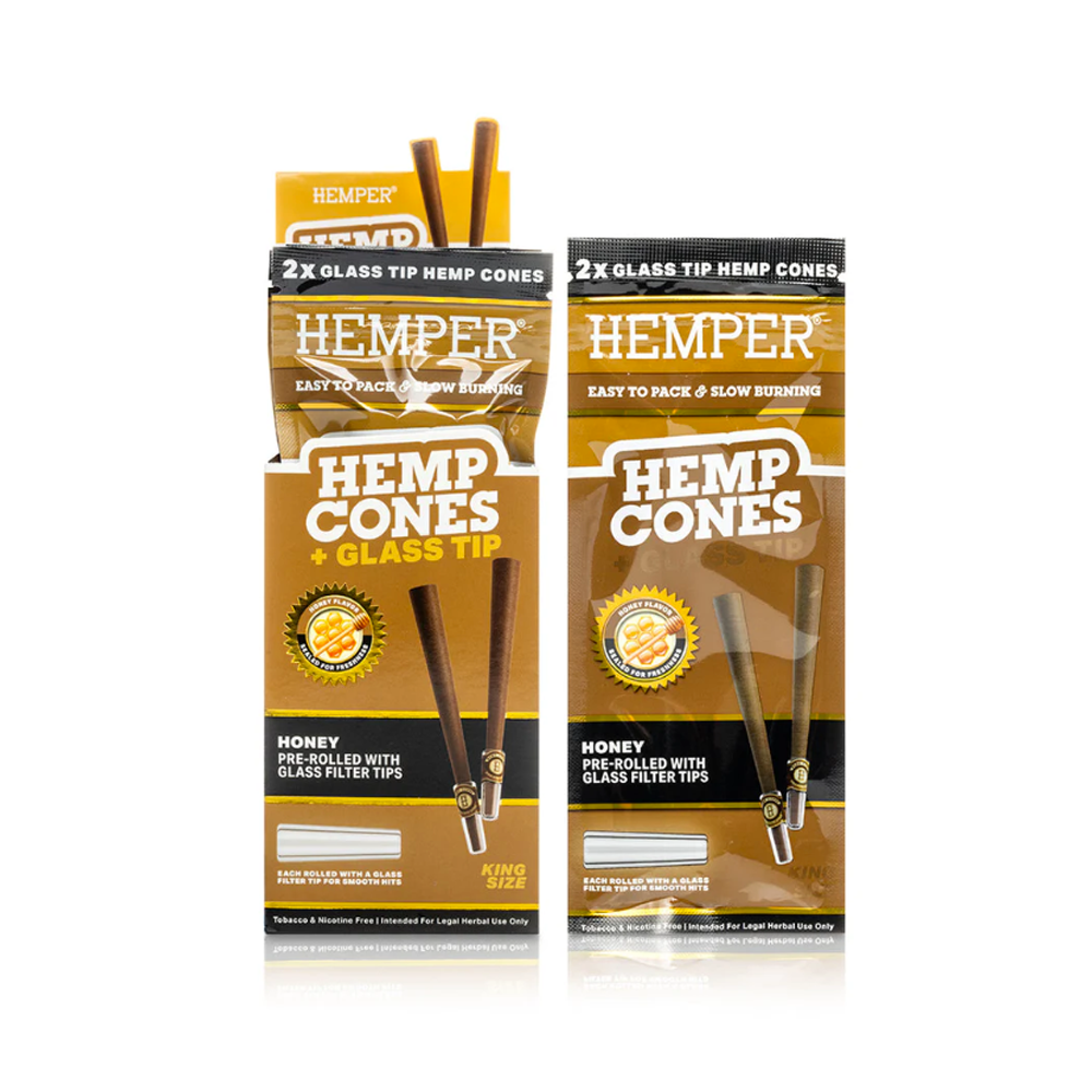 Hemper 2pk King Size Cone With Glass Tips Honey 12 pack