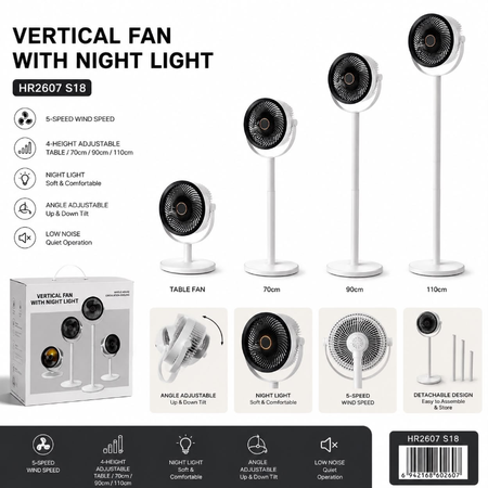 5-Speed Vertical Rechargeable Fan with Night Light – Adjustable Height Portable Standing & Table Fan | HR2607 S18