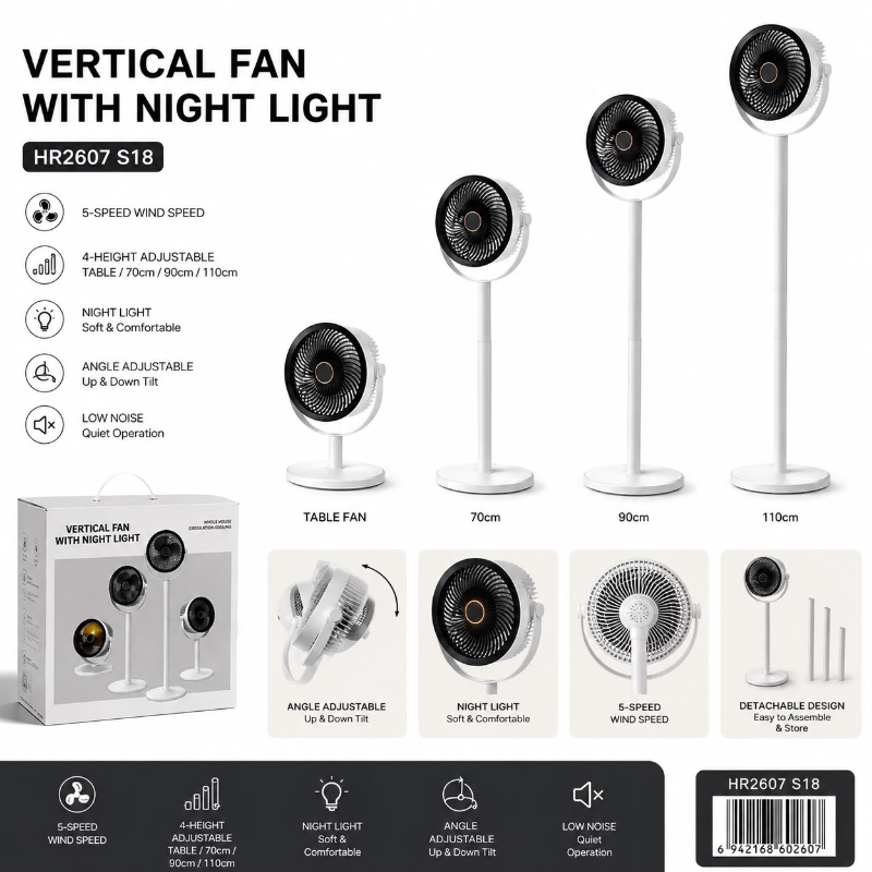 5-Speed Vertical Rechargeable Fan with Night Light – Adjustable Height Portable Standing & Table Fan | HR2607 S18