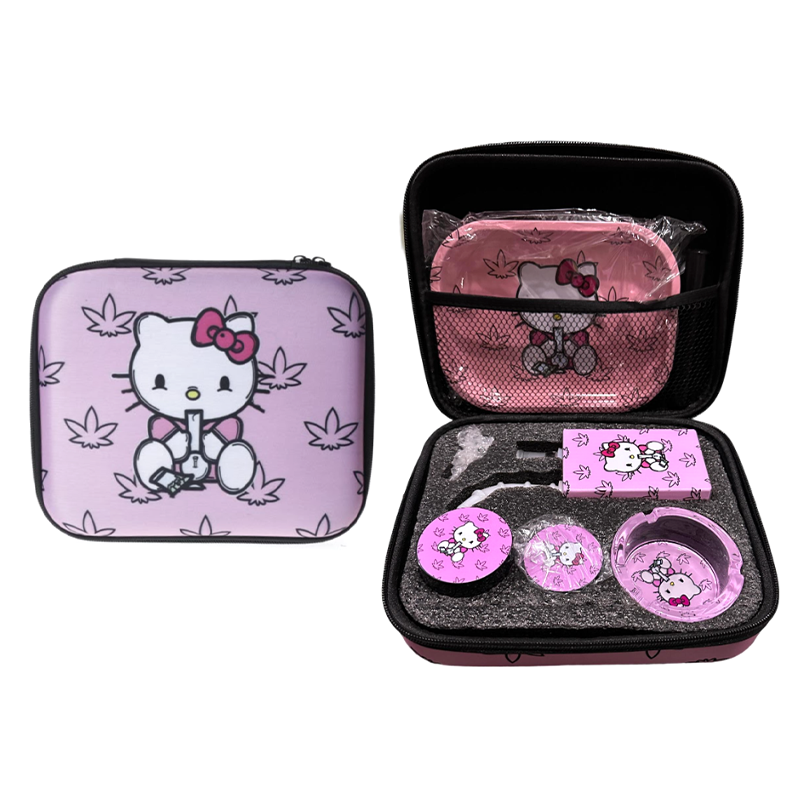 Zipper Set Smoking Hello Kitty with Ashtray, Grinder, Tray, Bong and Containers Gift Set SS-0010