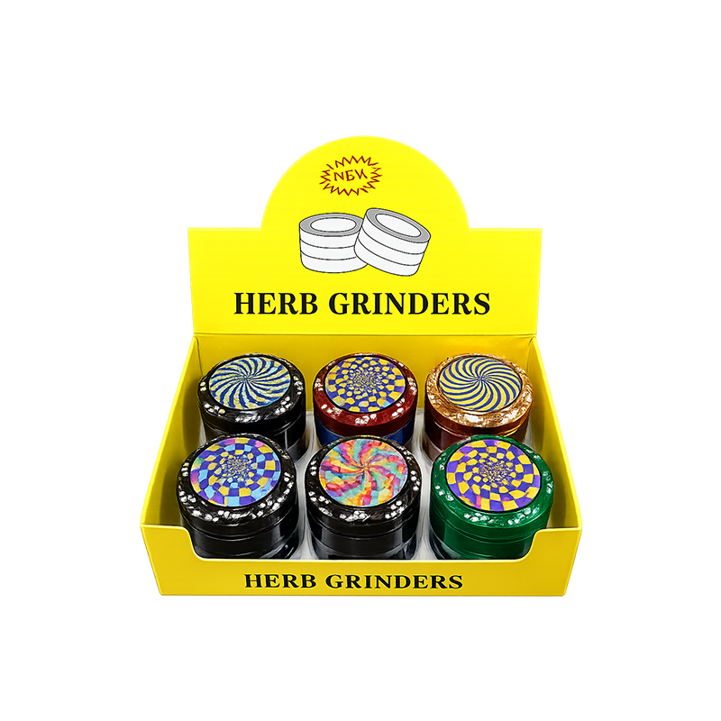 SALE 63mm Premium Metal Herb Grinder – 6 Piece Display Box | Psychedelic Design | Assorted Colors