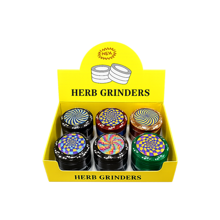 SALE 63mm Premium Metal Herb Grinder – 6 Piece Display Box | Psychedelic Design | Assorted Colors