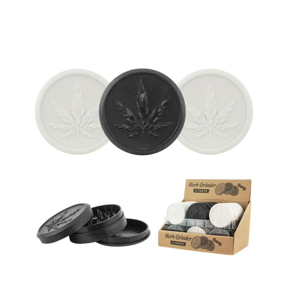 Herb Grinder 70mm 3 Tier Acrylic with Leaf Design - Black & White x 24