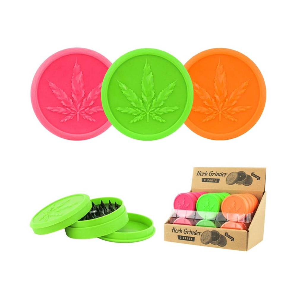 Herb-Grinder-70mm-3-Tier-Acrylic-with-Leaf-Design-Neon-Colours-x-4