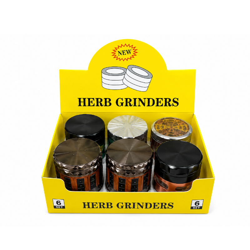 SALE High Quality 63mm Assorted Design Metal Herb Grinder – 4 Part | Random Mixed Designs | 6 Piece Display Box