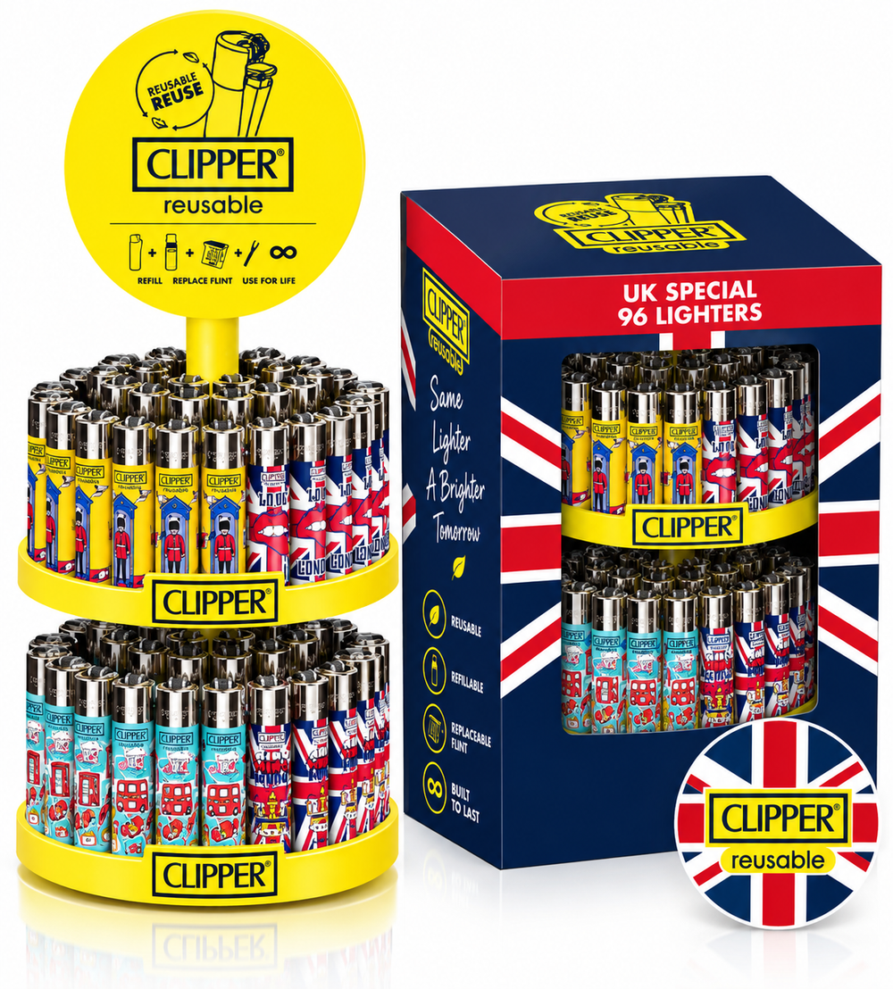 ExclusiveClipper Reusable UK Special Lighters Display Stand 2 tier carousel - 96 lighters