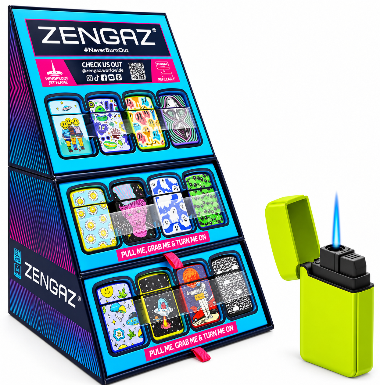 Zengaz Cube Turbo Jet Lighter in Stand - 48 lighters - Assorted Designs