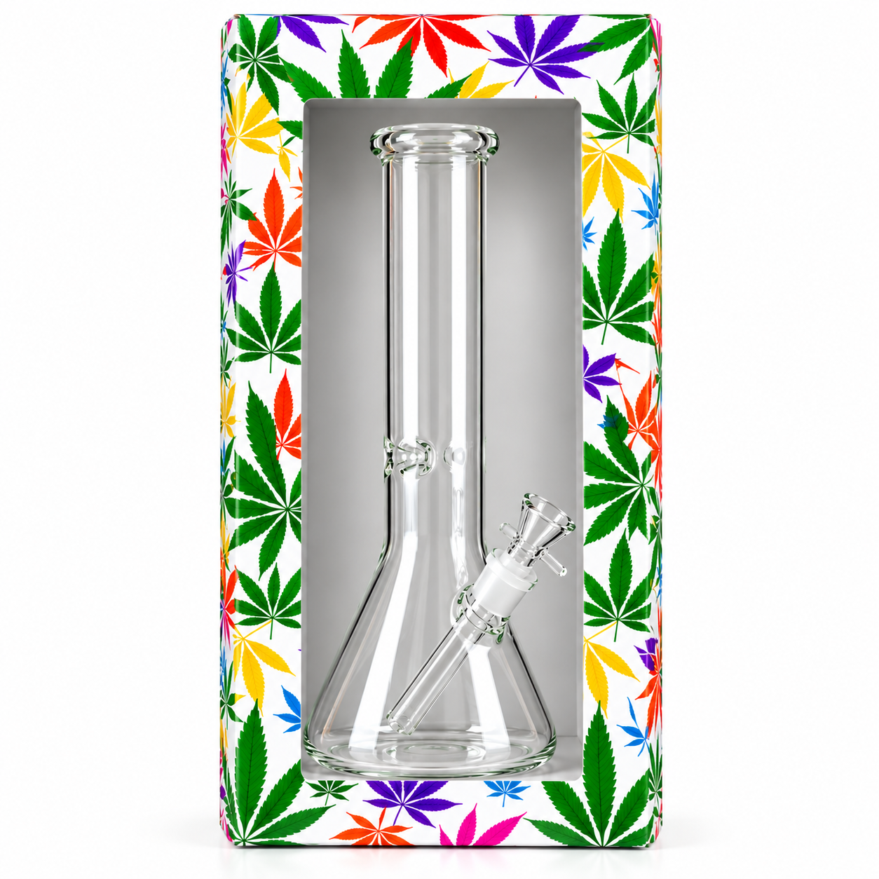 45cm Plain Clear Glass Bong with Colorful Cannabis Leaf Gift Box – Premium Glass Water Pipe