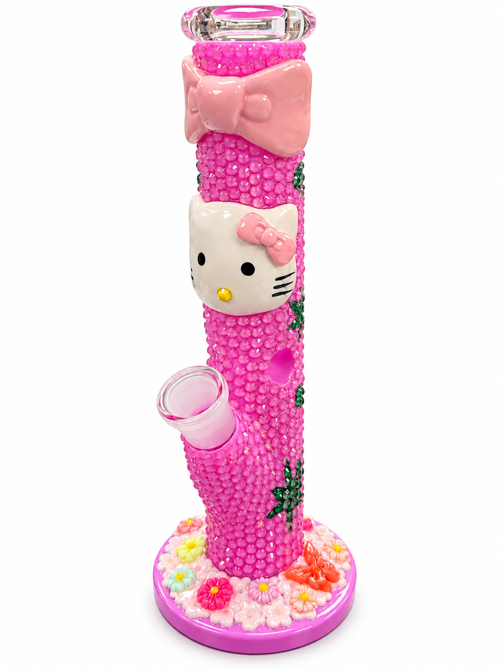 Pink Bow & Kitty Rhinestone Glass Bong with Floral Base 25cm random colour  | UG35-51
