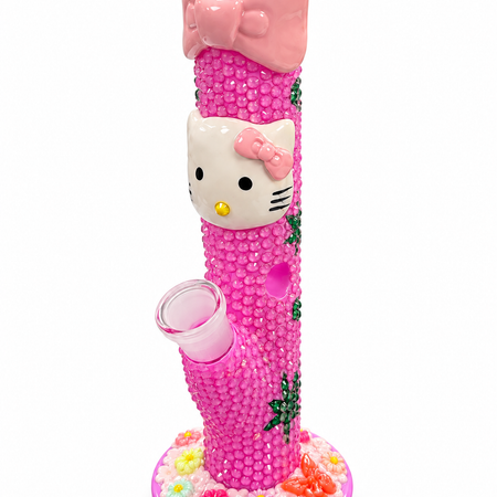 Pink Bow & Kitty Rhinestone Glass Bong with Floral Base 25cm random colour  | UG35-51