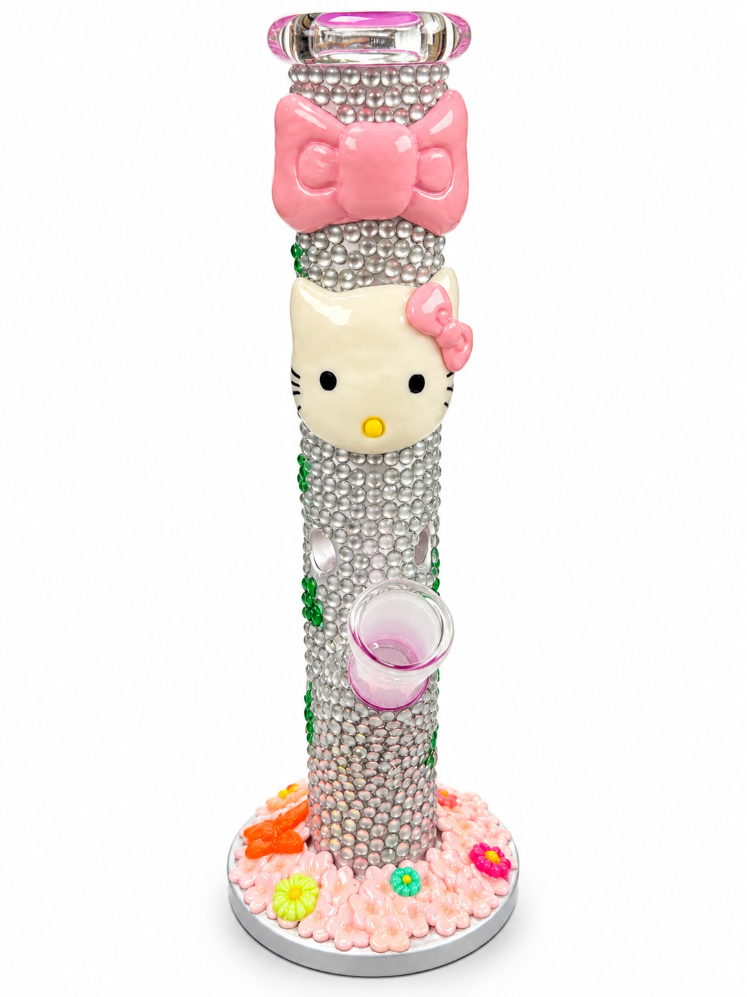 Pink Bow & Kitty Rhinestone Glass Bong with Floral Base 25cm random colour  | UG35-51