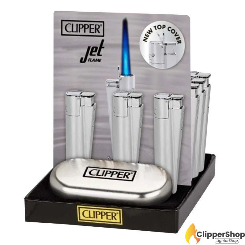 Clipper Metal JET Windproof Large Lighter & Case Silver x 12