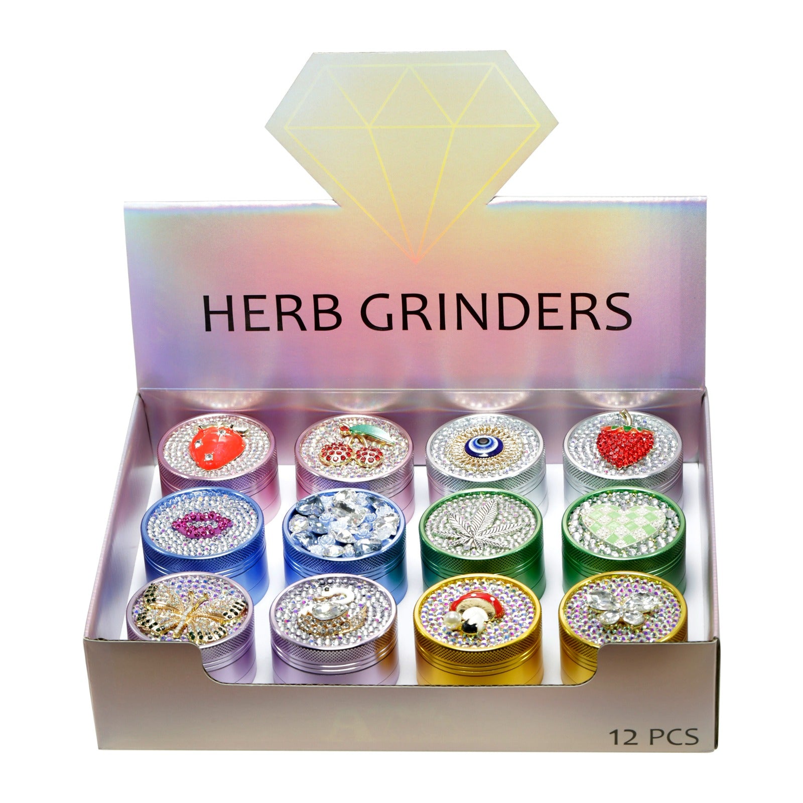 Metal Grinder with Crystal Designs 55mm 4 Part  Assorted x 12 pack