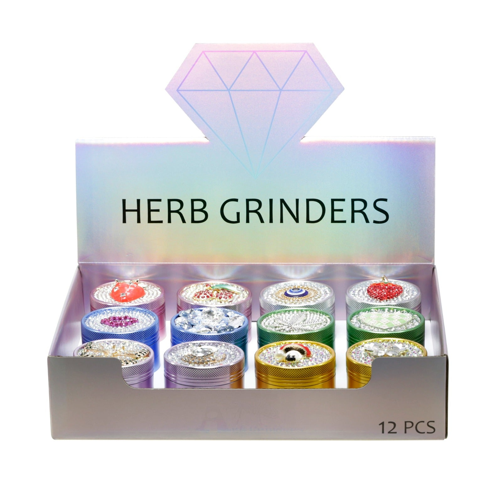 Metal Grinder with Crystal Designs 55mm 4 Part  Assorted x 12 pack