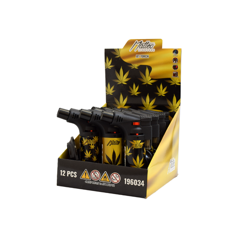 Big Jet Torch Lighter Matteo Gold and Black Weed 196034 x 12